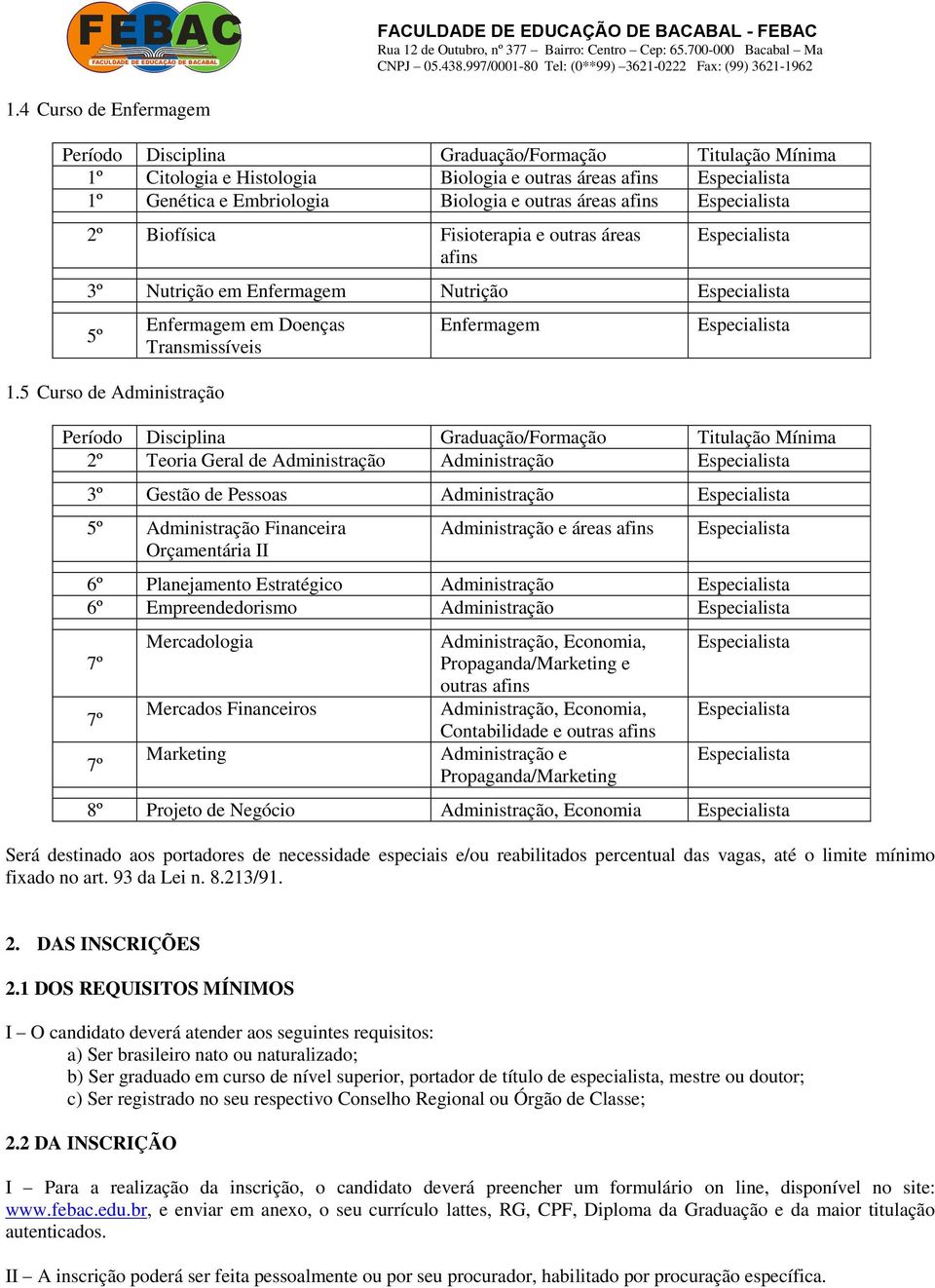 5 Curso de Administração Enfermagem em Doenças Transmissíveis Enfermagem Período Disciplina Graduação/Formação Titulação Mínima 2º Teoria Geral de Administração Administração 3º Gestão de Pessoas