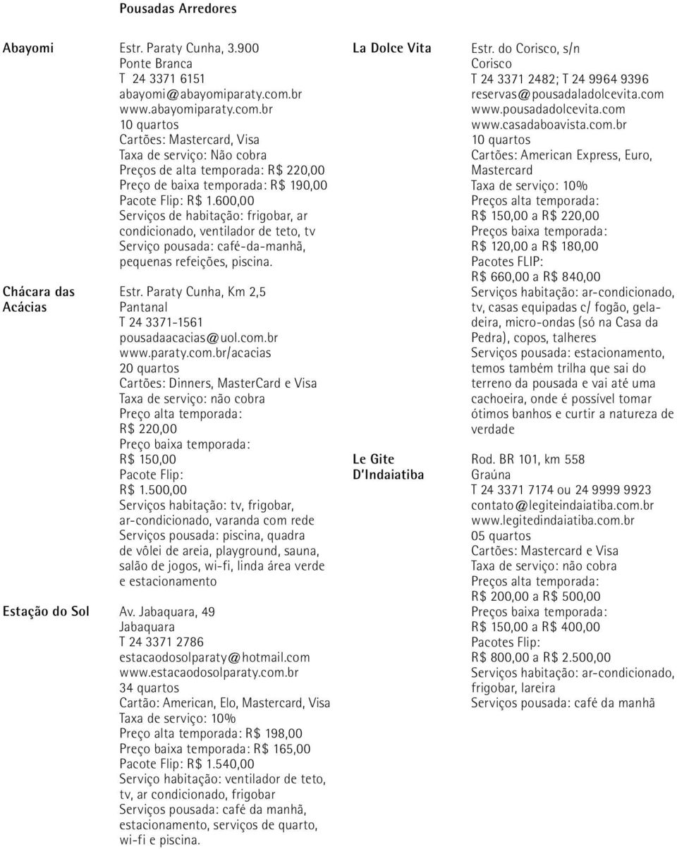 600,00 Serviços de habitação: frigobar, ar condicionado, ventilador de teto, tv Serviço pousada: café-da-manhã, pequenas refeições, piscina. Estr.