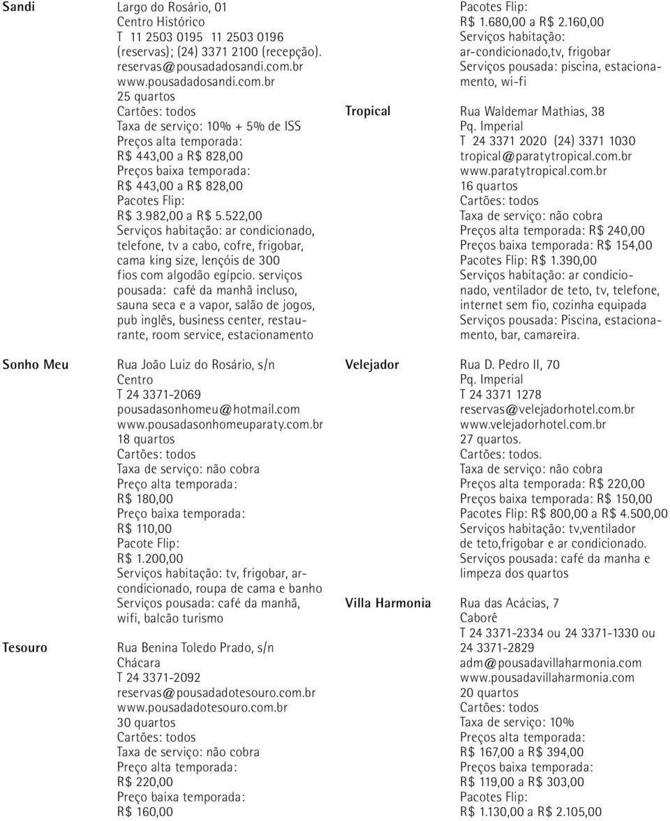 serviços pousada: café da manhã incluso, sauna seca e a vapor, salão de jogos, pub inglês, business center, restaurante, room service, estacionamento Tropical R$ 1.680,00 a R$ 2.