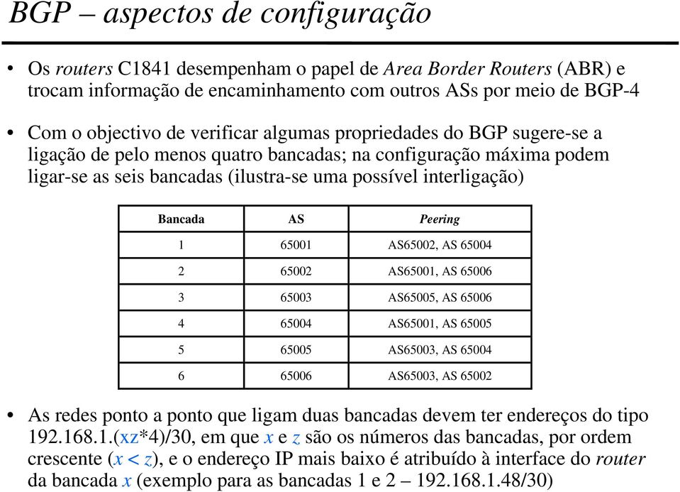 AS65002, AS 65004 2 65002 AS65001, AS 65006 3 65003 AS65005, AS 65006 4 65004 AS65001, AS 65005 5 65005 AS65003, AS 65004 6 65006 AS65003, AS 65002 As redes ponto a ponto que ligam duas bancadas