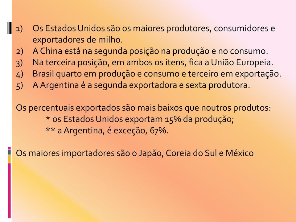 4) Brasil quarto em produção e consumo e terceiro em exportação. 5) A Argentina é a segunda exportadora e sexta produtora.