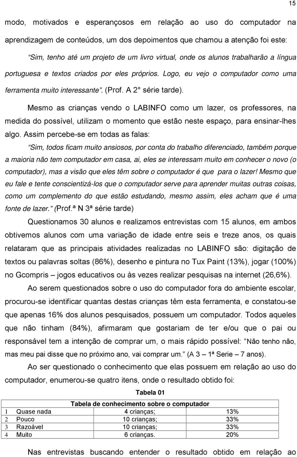 Mesmo as crianças vendo o LABINFO como um lazer, os professores, na medida do possível, utilizam o momento que estão neste espaço, para ensinar-lhes algo.