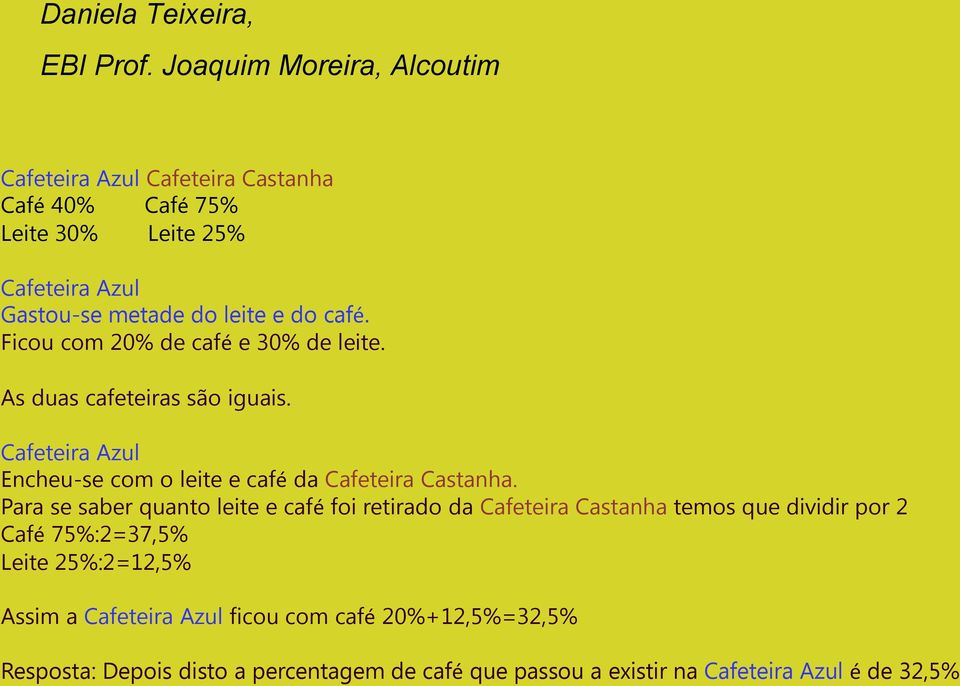 café. Ficou com 20% de café e 30% de leite. As duas cafeteiras são iguais. Cafeteira Azul Encheu-se com o leite e café da Cafeteira Castanha.