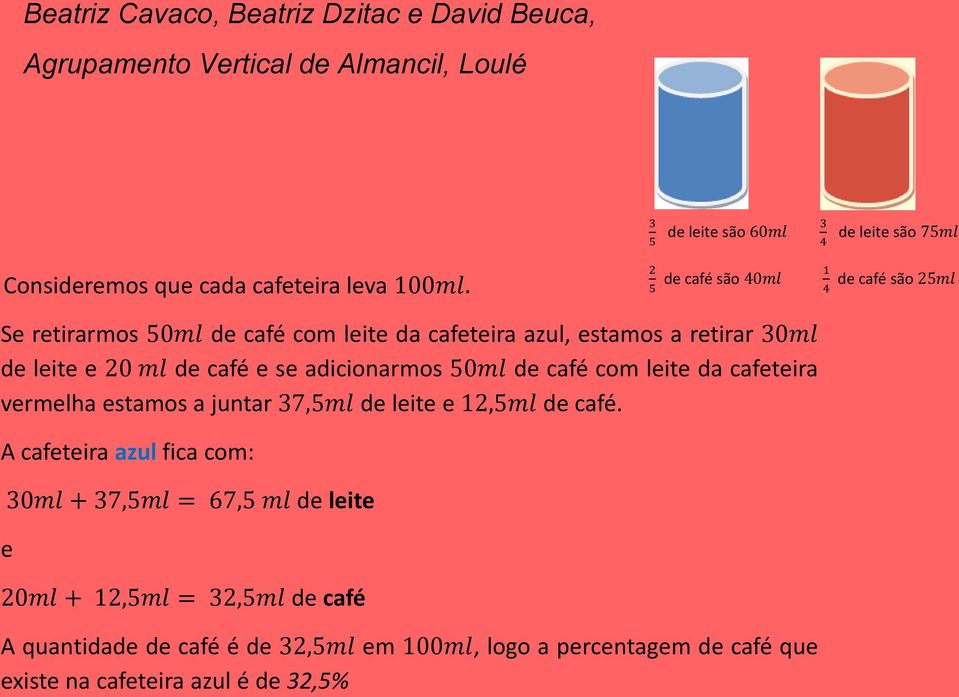 2 de café são 40ml 1 5 4 de café são 25ml Se retirarmos 50ml de café com leite da cafeteira azul, estamos a retirar 30ml de leite e 20 ml de café e se