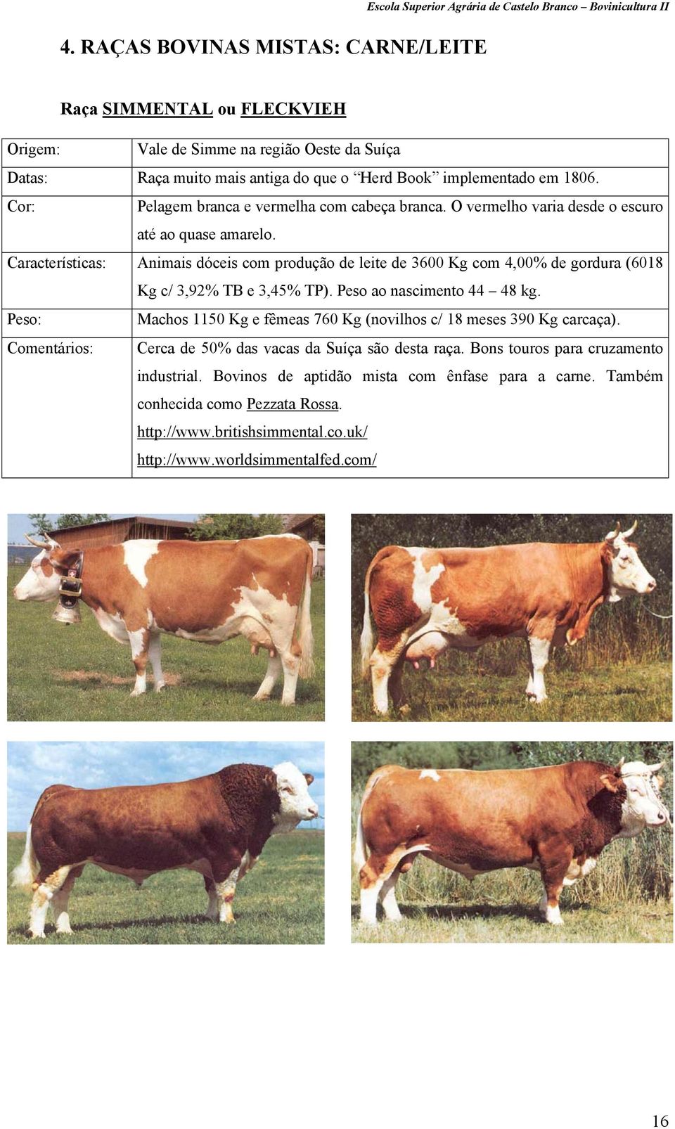 Características: Animais dóceis com produção de leite de 3600 Kg com 4,00% de gordura (6018 Kg c/ 3,92% TB e 3,45% TP). Peso ao nascimento 44 48 kg.