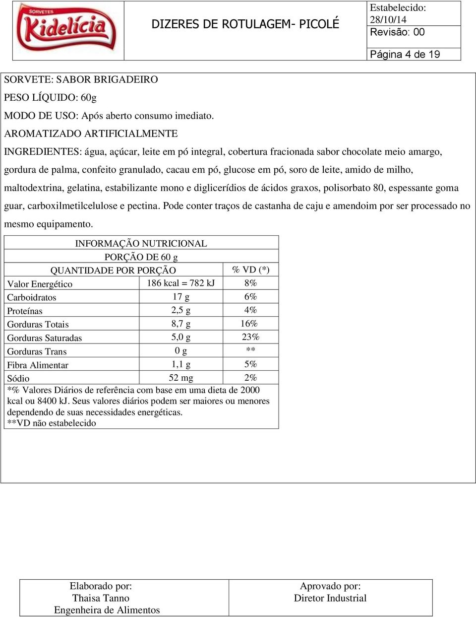 graxos, polisorbato 80, espessante goma guar, carboxilmetilcelulose e pectina. Pode conter traços de castanha de caju e amendoim por ser processado no mesmo equipamento.