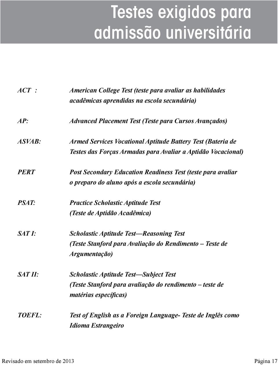 avaliar o preparo do aluno após a escola secundária) PSAT: Practice Scholastic Aptitude Test (Teste de Aptidão Acadêmica) SAT I: Scholastic Aptitude Test Reasoning Test (Teste Stanford para Avaliação