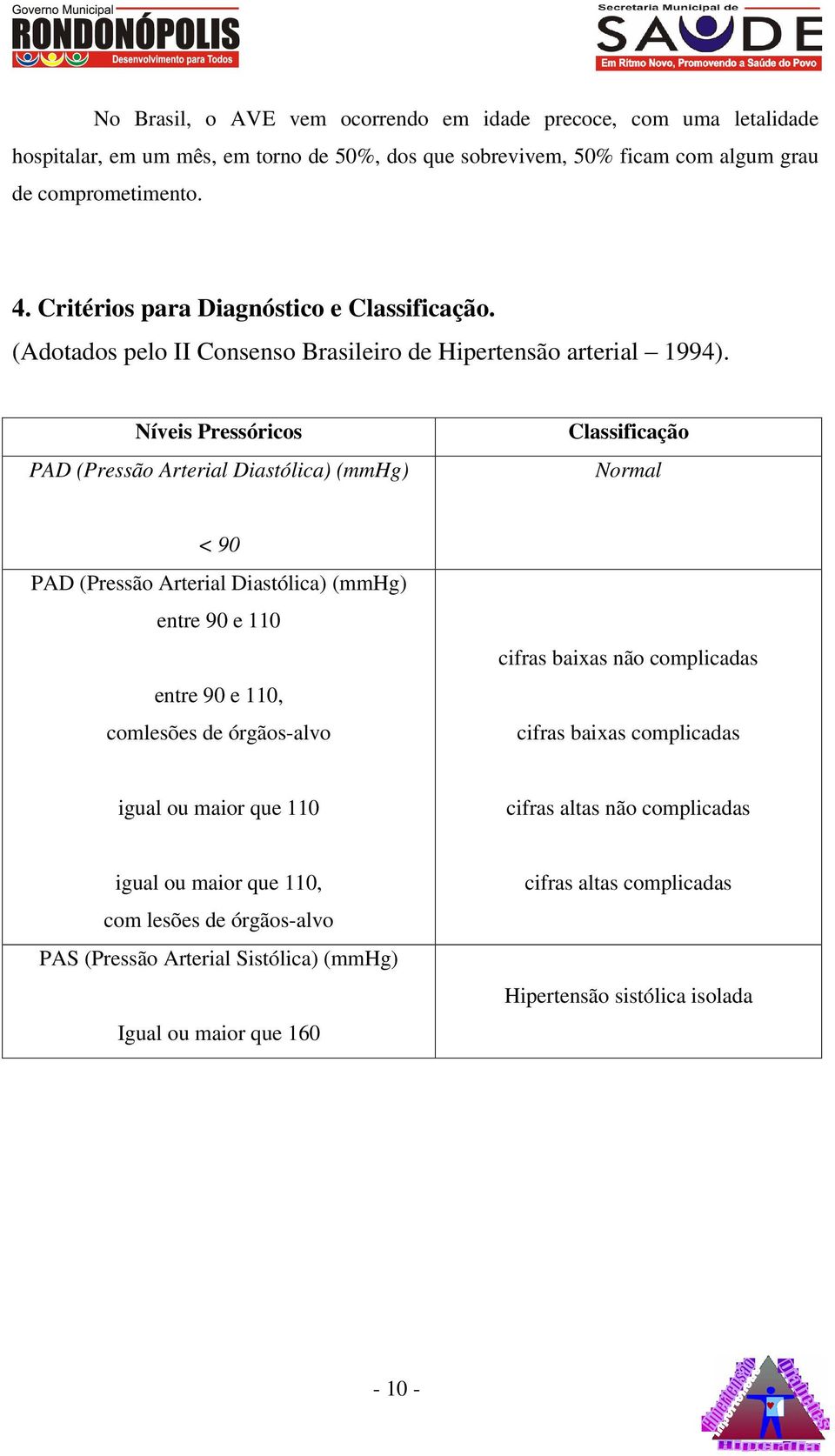 Níveis Pressóricos PAD (Pressão Arterial Diastólica) (mmhg) Classificação Normal < 90 PAD (Pressão Arterial Diastólica) (mmhg) entre 90 e 110 entre 90 e 110, comlesões de órgãos-alvo