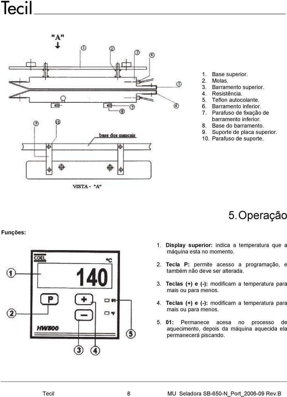 Tecla P: permite acesso a programação, e também não deve ser alterada. 3. Teclas (+) e (-): modificam a temperatura para mais ou para menos. 4.