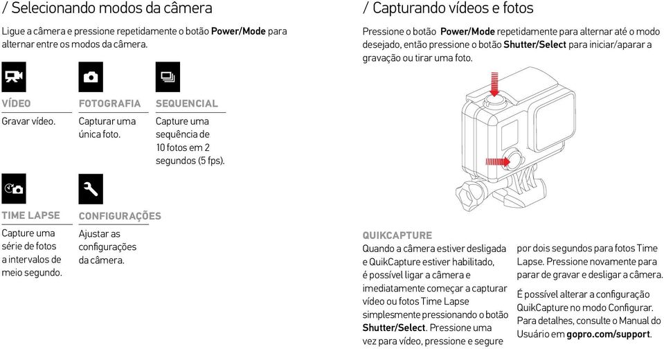 VÍDEO Gravar vídeo. FOTOGRAFIA Capturar uma única foto. SEQUENCIAL Capture uma sequência de 10 fotos em 2 segundos (5 fps). TIME LAPSE Capture uma série de fotos a intervalos de meio segundo.