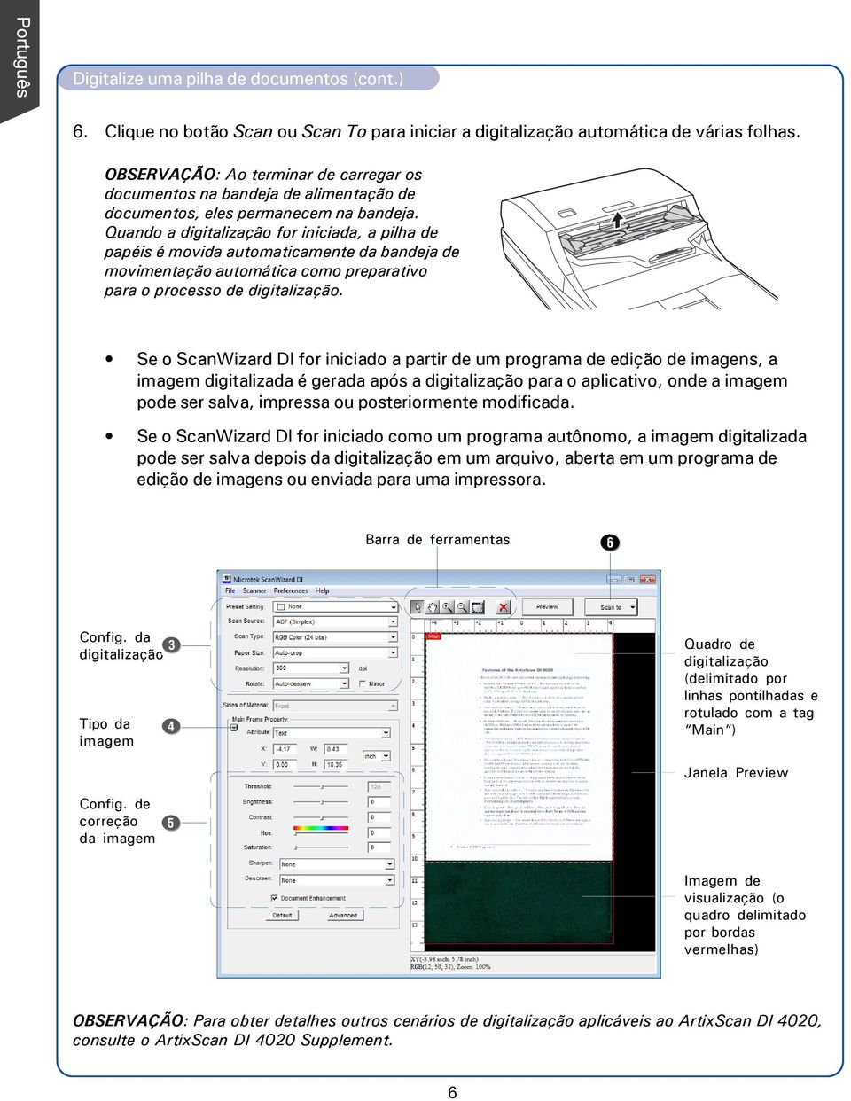 Quando a digitalização for iniciada, a pilha de papéis é movida automaticamente da bandeja de movimentação automática como preparativo para o processo de digitalização.