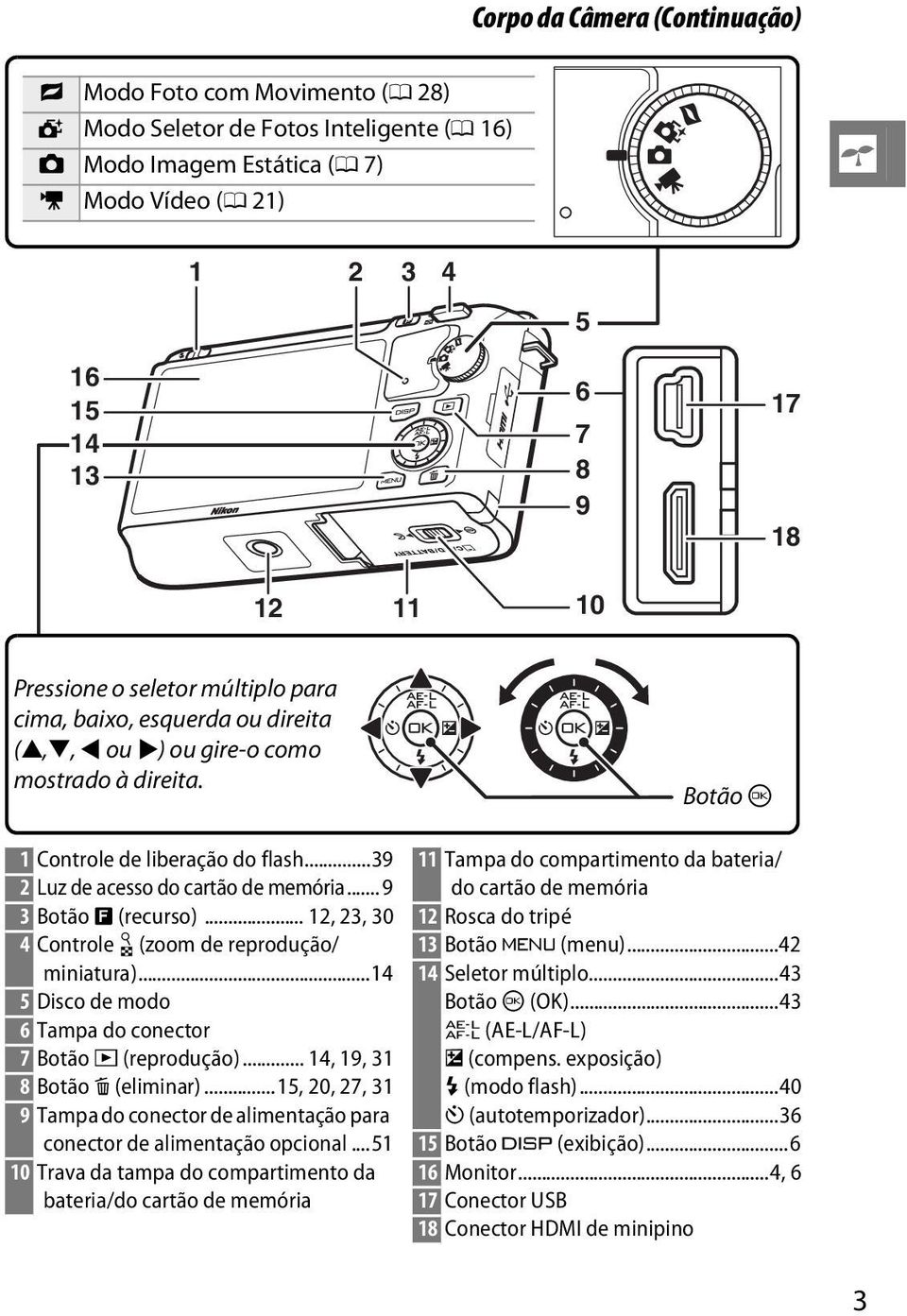 .. 9 3 Botão & (recurso)... 12, 23, 30 4 Controle W (zoom de reprodução/ miniatura)...14 5 Disco de modo 6 Tampa do conector 7 Botão K (reprodução)... 14, 19, 31 8 Botão O (eliminar).