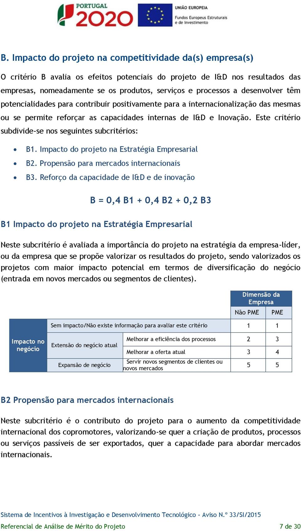 Este critério subdivide-se nos seguintes subcritérios: B1. Impacto do projeto na Estratégia Empresarial B2. Propensão para mercados internacionais B3.