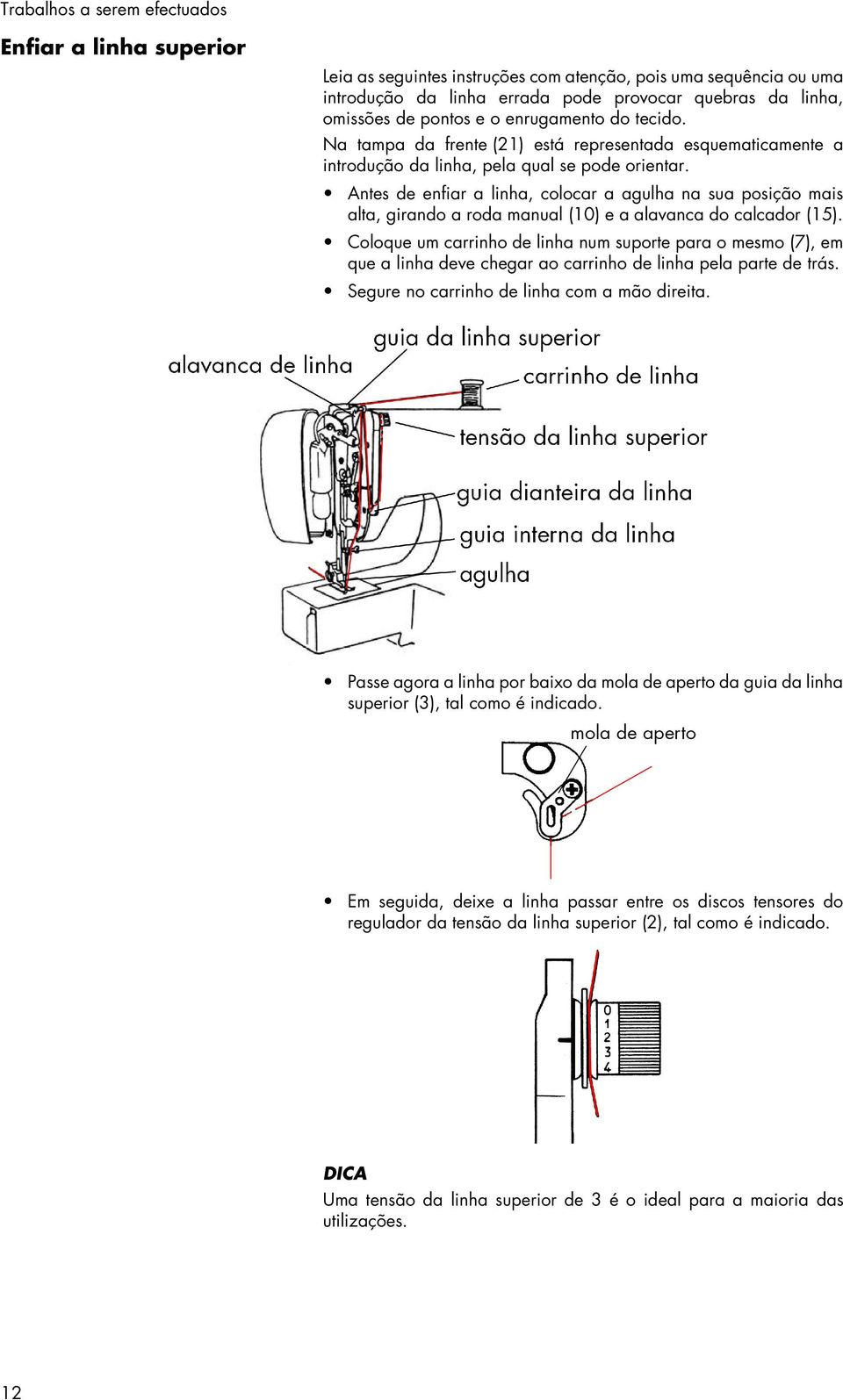 Antes de enfiar a linha, colocar a agulha na sua posição mais alta, girando a roda manual (10) e a alavanca do calcador (15).