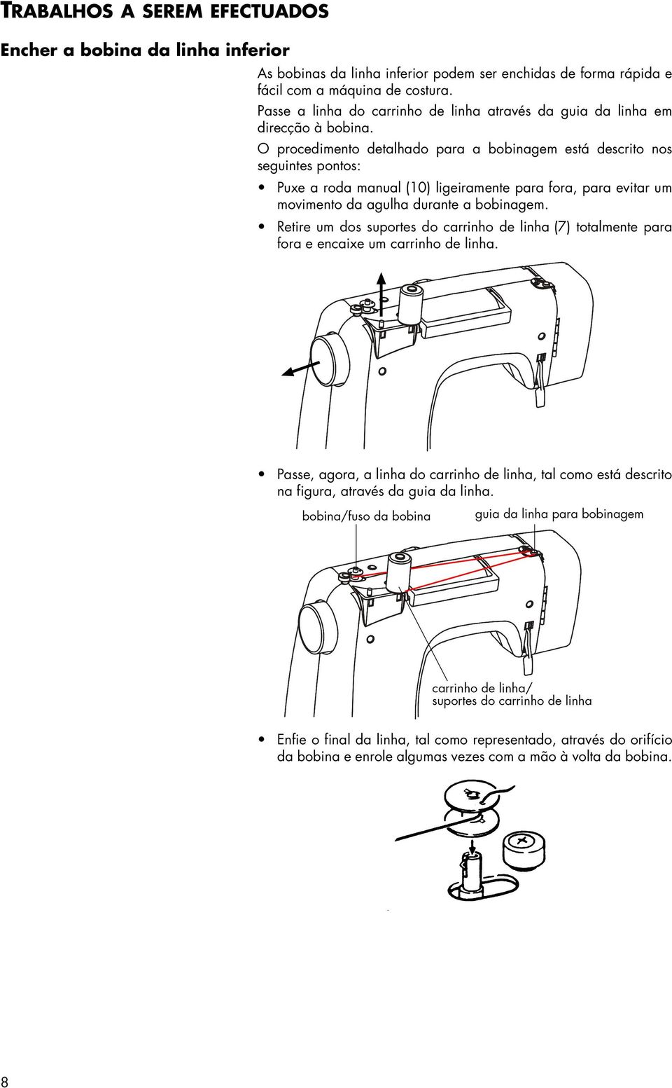 O procedimento detalhado para a bobinagem está descrito nos seguintes pontos: Puxe a roda manual (10) ligeiramente para fora, para evitar um movimento da agulha durante a bobinagem.