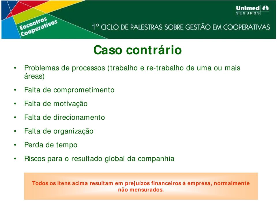 de organização Perda de tempo Riscos para o resultado global da companhia Todos