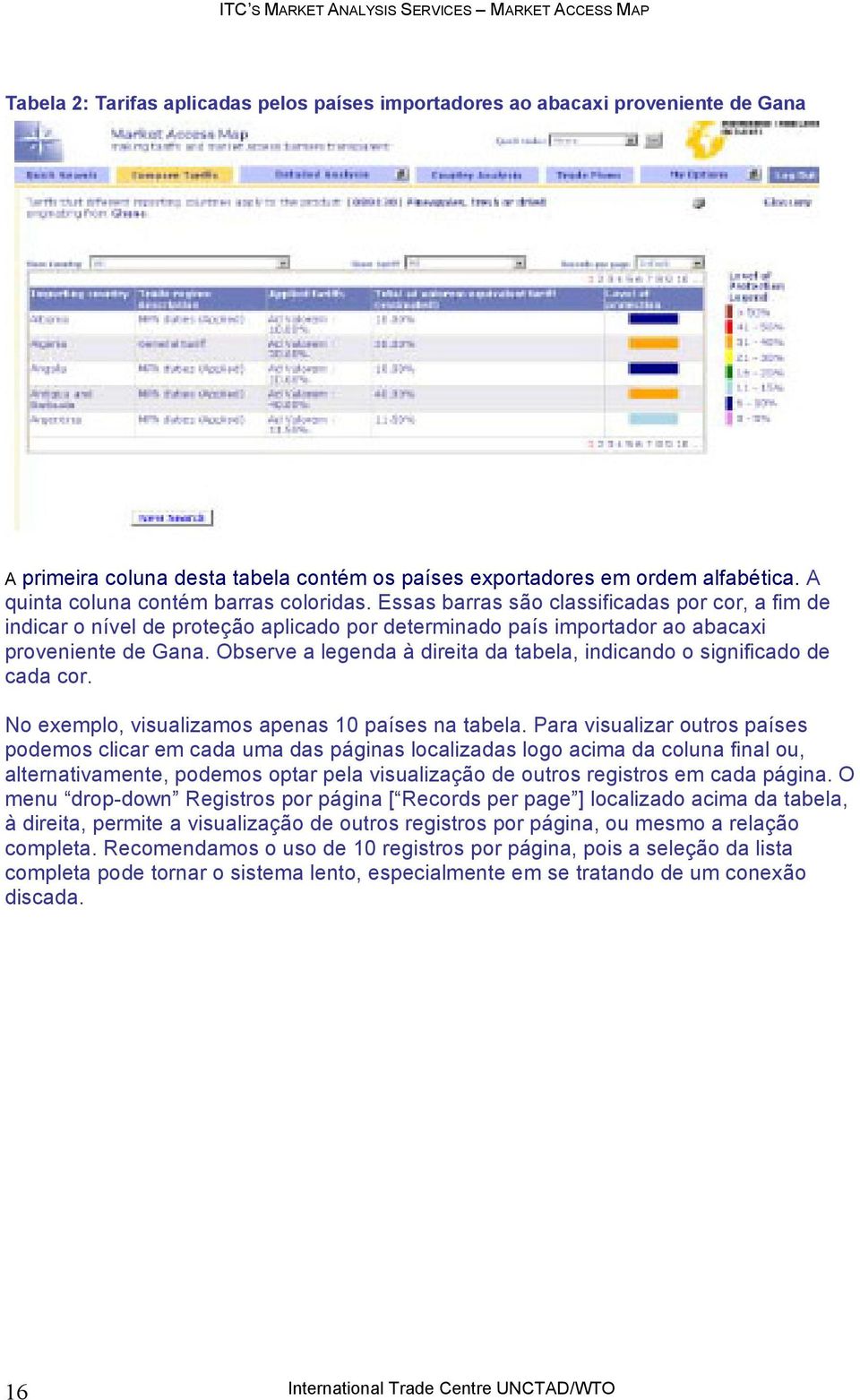 Observe a legenda à direita da tabela, indicando o significado de cada cor. No exemplo, visualizamos apenas 10 países na tabela.