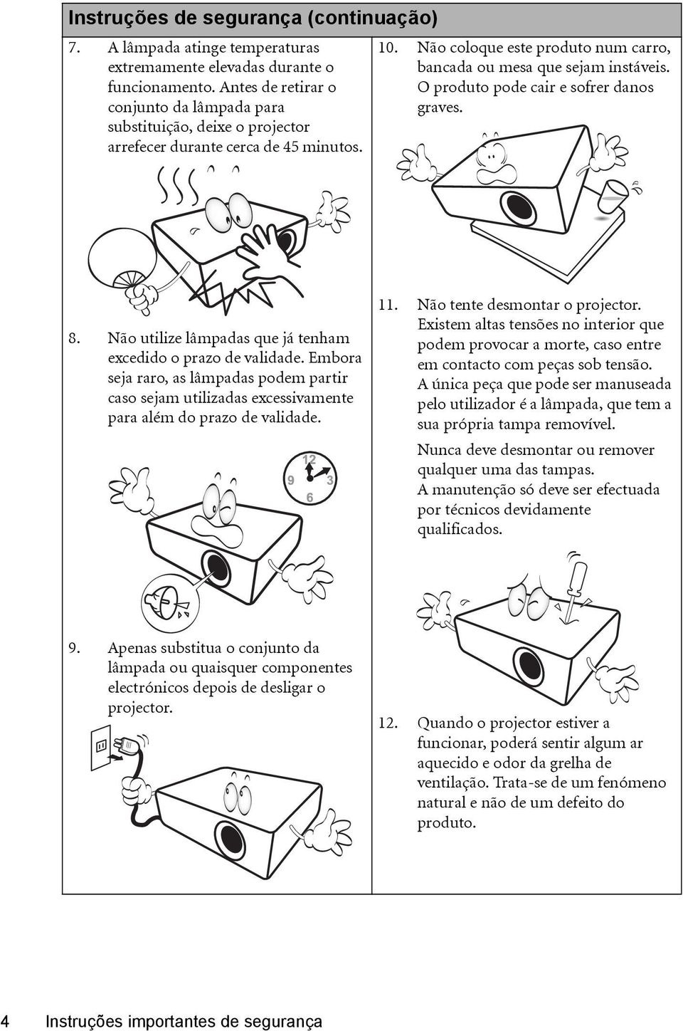 O produto pode cair e sofrer danos graves. 8. Não utilize lâmpadas que já tenham excedido o prazo de validade.