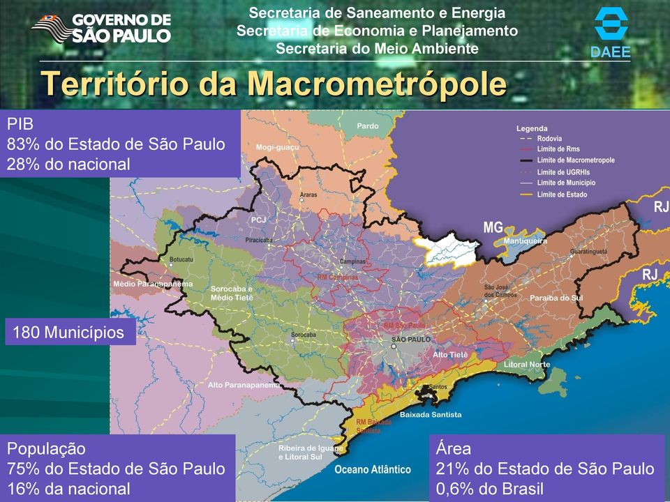 Estado de São Paulo 28% do nacional DAEE 180 Municípios População 75% do