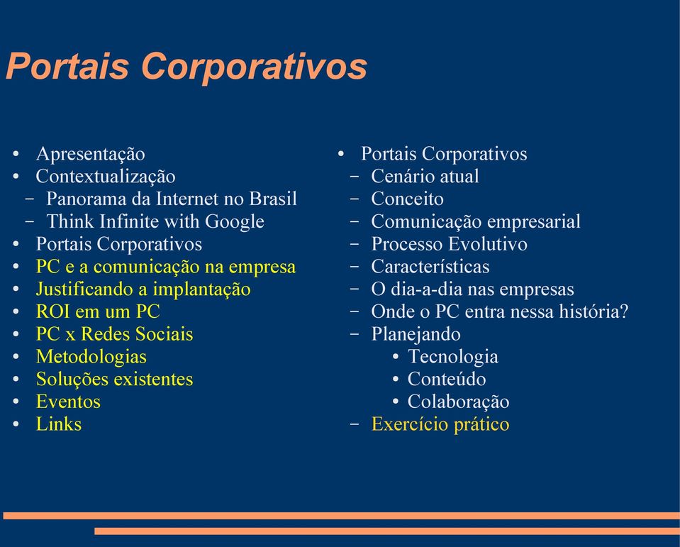 Soluções existentes Eventos Links Portais Corporativos Cenário atual Conceito Comunicação empresarial Processo Evolutivo