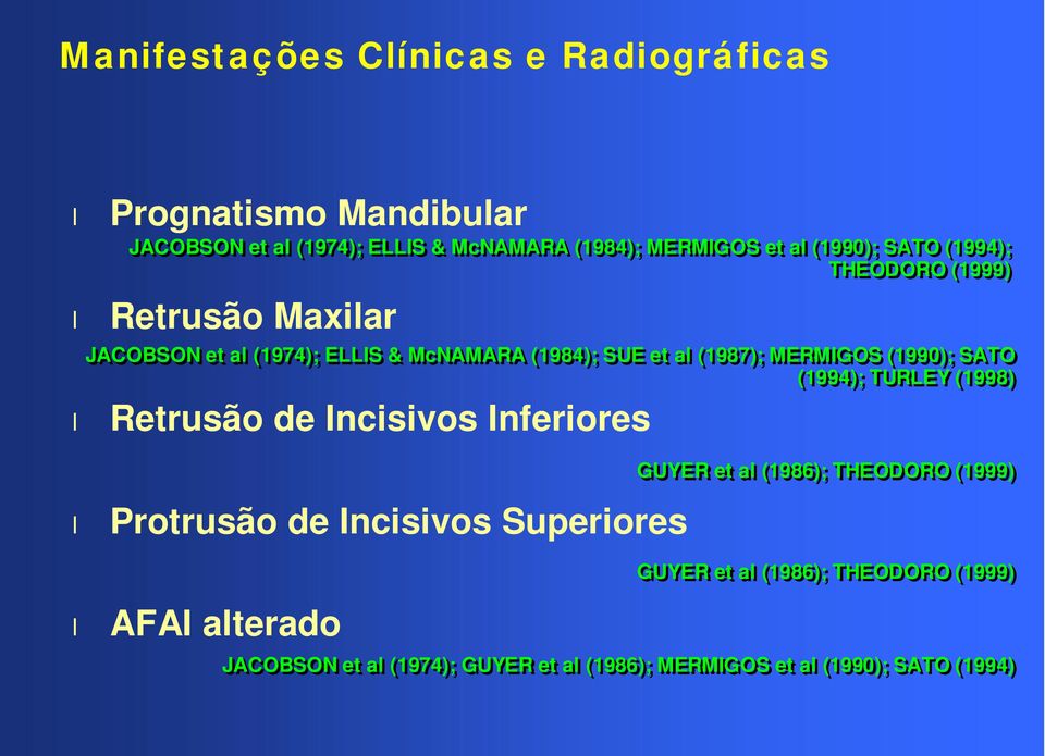 (1990); SATO (1994); TURLEY (1998) Retrusão de Incisivos Inferiores Protrusão de Incisivos Superiores AFAI alterado GUYER et al