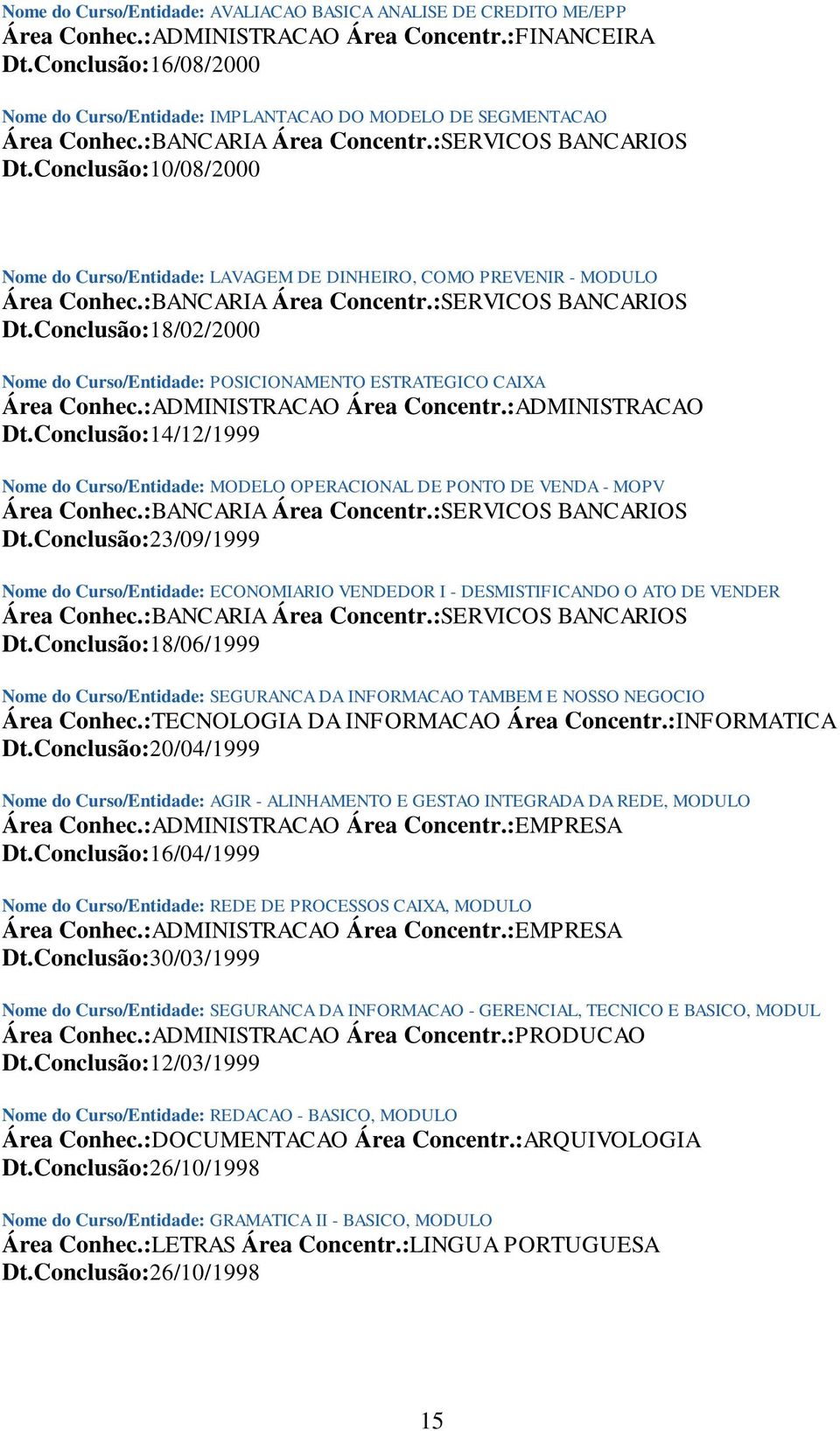 Conclusão:14/12/1999 Nome do Curso/Entidade: MODELO OPERACIONAL DE PONTO DE VENDA - MOPV Dt.Conclusão:23/09/1999 Nome do Curso/Entidade: ECONOMIARIO VENDEDOR I - DESMISTIFICANDO O ATO DE VENDER Dt.