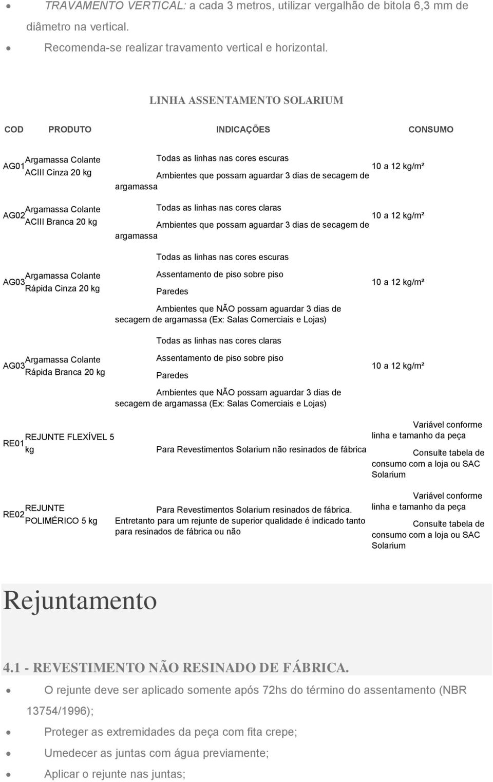 aguardar 3 dias de secagem de argamassa Todas as linhas nas cores claras Ambientes que possam aguardar 3 dias de secagem de argamassa 10 a 12 kg/m² 10 a 12 kg/m² Argamassa Colante AG03 Rápida Cinza