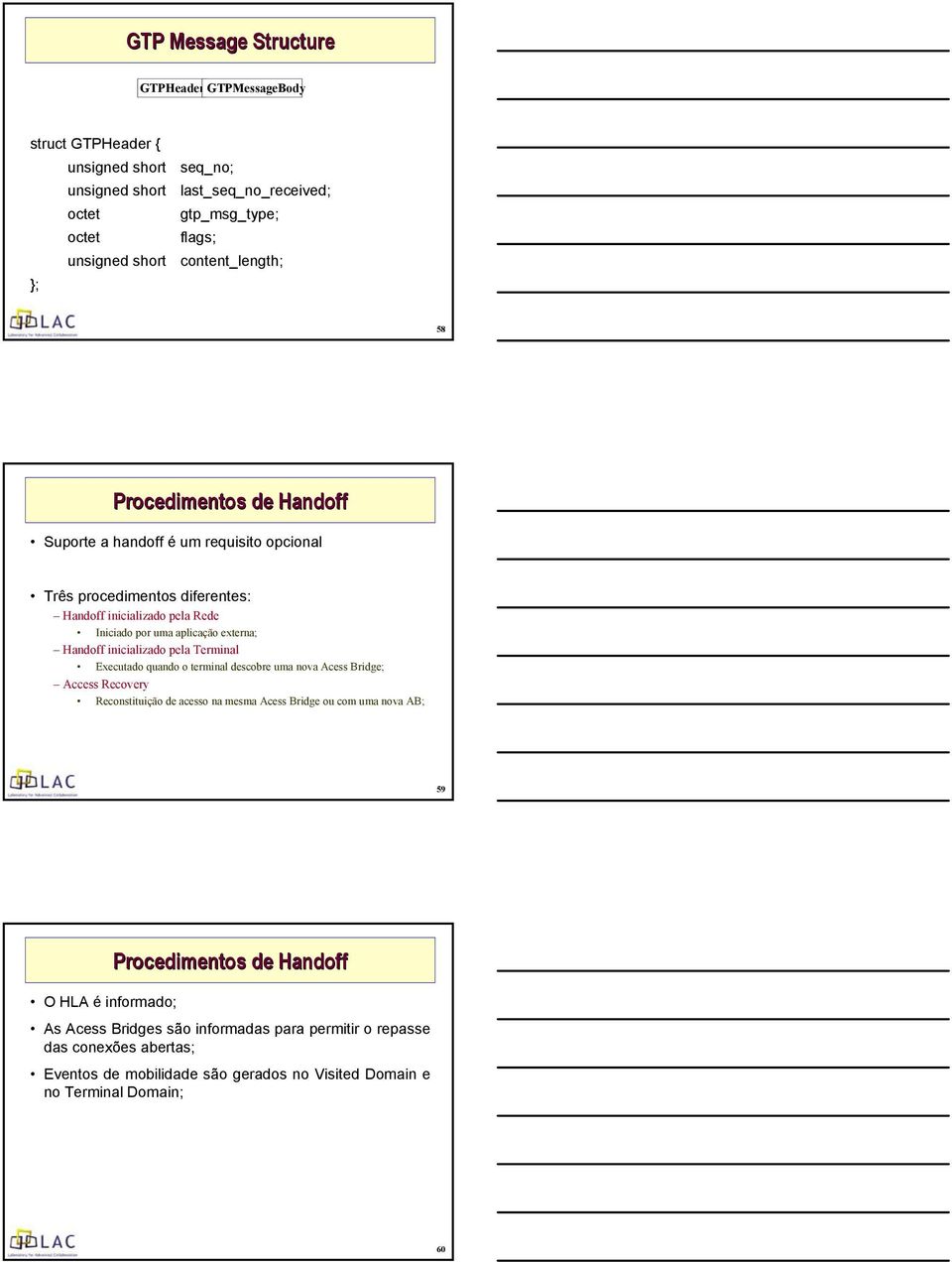 Handoff inicializado pela Terminal Executado quando o terminal descobre uma nova Acess Bridge; Access Recovery Reconstituição de acesso na mesma Acess Bridge ou com uma nova AB; 59