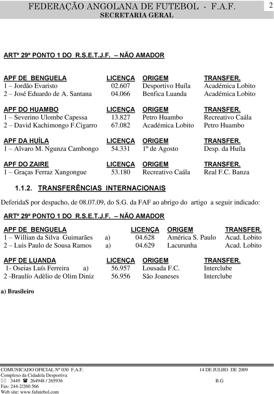 082 Académica Lobito Petro Huambo APF DA HUÍLA LICENÇA ORIGEM TRANSFER. 1 Alvaro M. Ngunza Cambongo 54.331 1º de Agosto Desp. da Huíla APF DO ZAIRE LICENÇA ORIGEM TRANSFER.