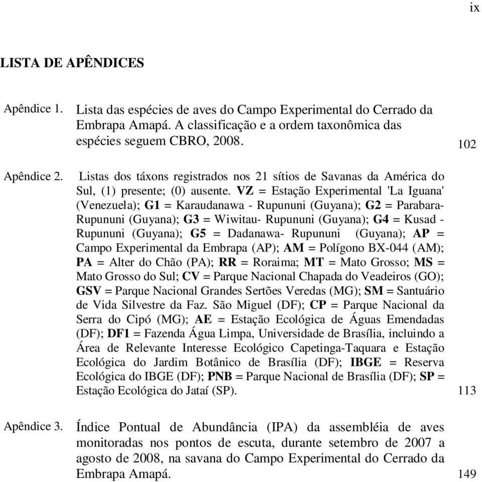 VZ = Estação Experimental 'La Iguana' (Venezuela); G1 = Karaudanawa - Rupununi (Guyana); G2 = Parabara- Rupununi (Guyana); G3 = Wiwitau- Rupununi (Guyana); G4 = Kusad - Rupununi (Guyana); G5 =