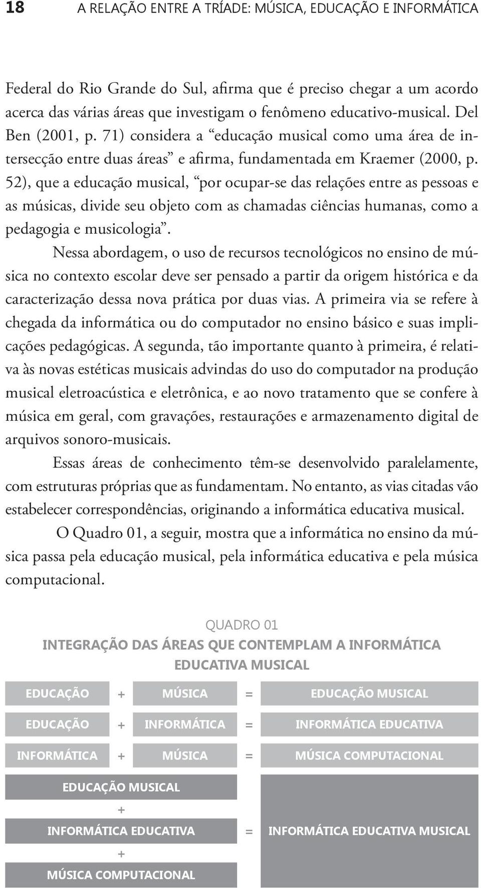 52), que a educação musical, por ocupar-se das relações entre as pessoas e as músicas, divide seu objeto com as chamadas ciências humanas, como a pedagogia e musicologia.