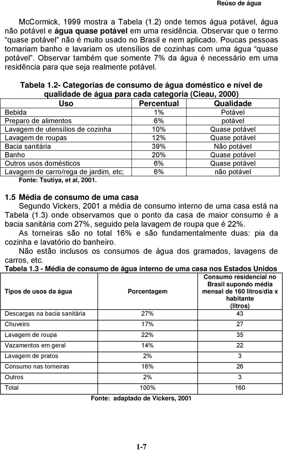 Observar também que somente 7% da água é necessário em uma residência para que seja realmente potável. Tabela 1.