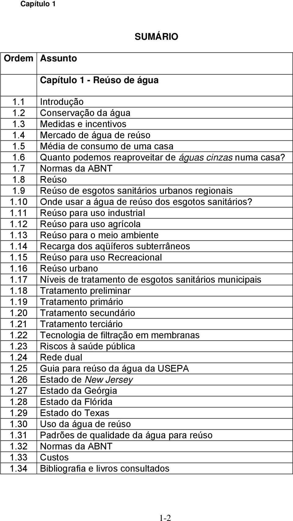 12 Reúso para uso agrícola 1.13 Reúso para o meio ambiente 1.14 Recarga dos aqüíferos subterrâneos 1.15 Reúso para uso Recreacional 1.16 Reúso urbano 1.