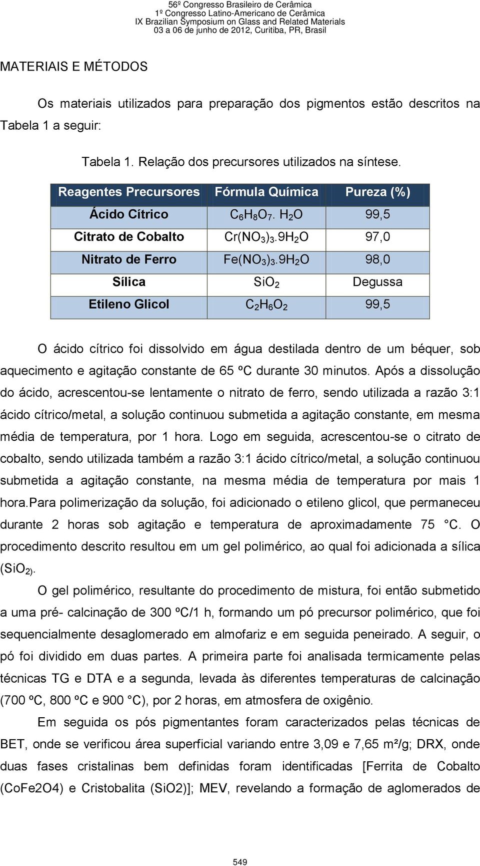 9H 2 O 98,0 Sílica SiO 2 Degussa Etileno Glicol C 2 H 6 O 2 99,5 O ácido cítrico foi dissolvido em água destilada dentro de um béquer, sob aquecimento e agitação constante de 65 ºC durante 30 minutos.