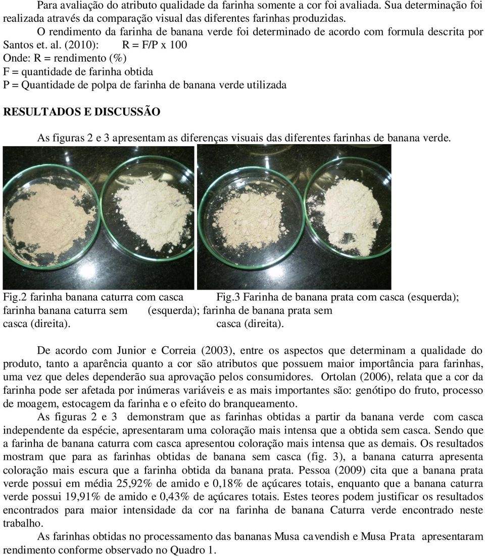 (2010): R = F/P x 100 Onde: R = rendimento (%) F = quantidade de farinha obtida P = Quantidade de polpa de farinha de banana verde utilizada RESULTADOS E DISCUSSÃO As figuras 2 e 3 apresentam as