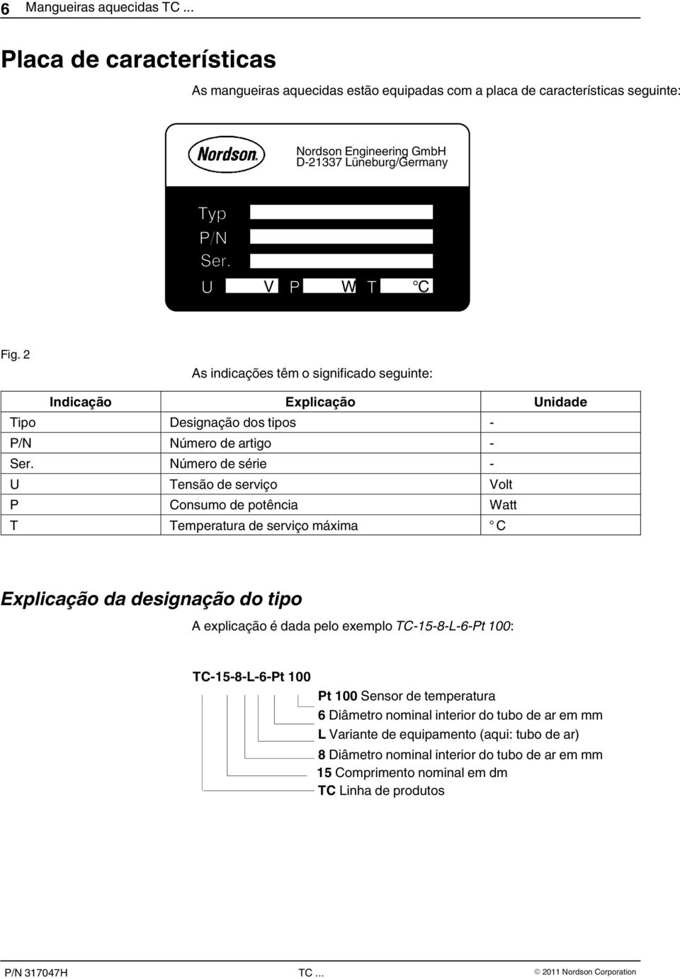 Número de série - U Tensão de serviço Volt P Consumo de potência Watt T Temperatura de serviço máxima C Explicação da designação do tipo A explicação é dada pelo exemplo TC 15 8 L 6 Pt 100: TC