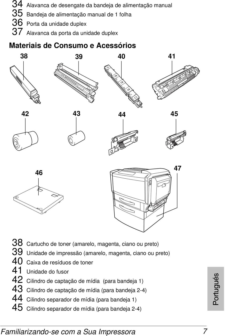 (amarelo, magenta, ciano ou preto) 40 Caixaderesíduosdetoner 41 Unidade do fusor 42 Cilindro de captação de mídia (para bandeja 1) 43 Cilindro de captação de