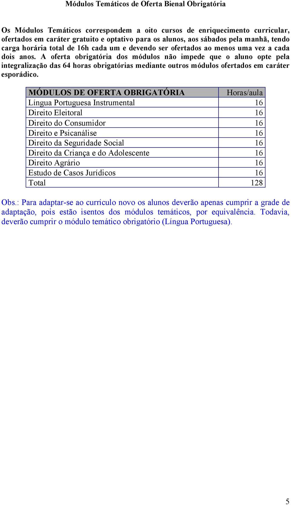 A oferta obrigatória dos módulos não impede que o aluno opte pela integralização das 64 horas obrigatórias mediante outros módulos ofertados em caráter esporádico.