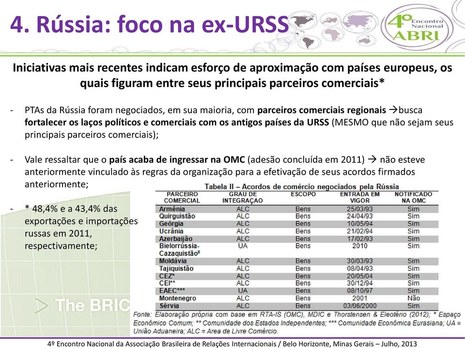 (MESMO que não sejam seus principais parceiros comerciais); - Vale ressaltar que o país acaba de ingressar na OMC (adesão concluída em 2011) não esteve anteriormente