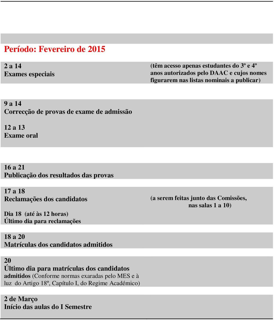 (até às 12 horas) Último dia para reclamações (a serem feitas junto das Comissões, nas salas 1 a 10) 18 a 20 Matrículas dos candidatos admitidos 20 Último dia para