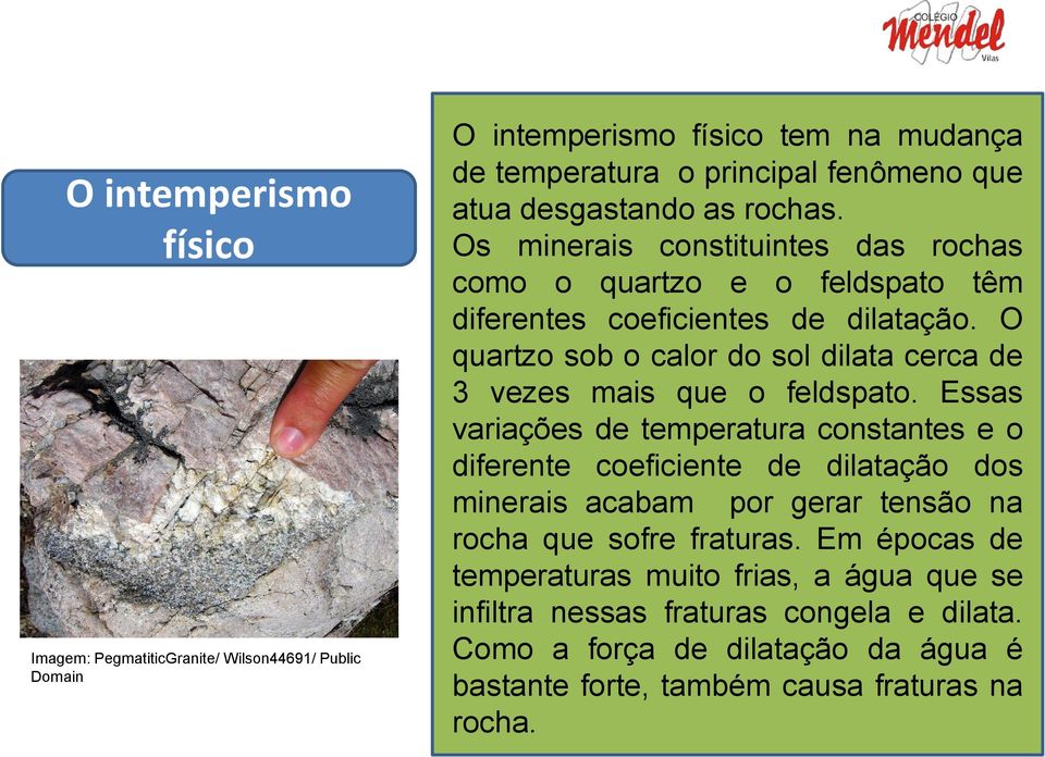 O quartzo sob o calor do sol dilata cerca de 3 vezes mais que o feldspato.