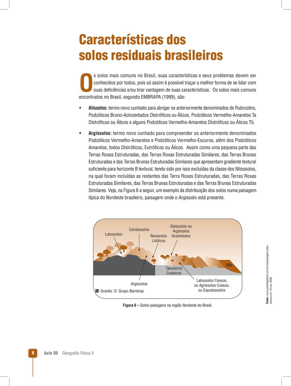 Os solos mais comuns encontrados no Brasil, segundo EMBRAPA (1999), são: Alissolos: termo novo cunhado para abrigar os anteriormente denominados de Rubrozéns, Podzólicos Bruno-Acinzentados