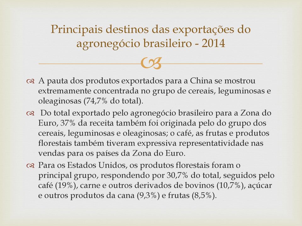 Do total exportado pelo agronegócio brasileiro para a Zona do Euro, 37% da receita também foi originada pelo do grupo dos cereais, leguminosas e oleaginosas; o café, as frutas e