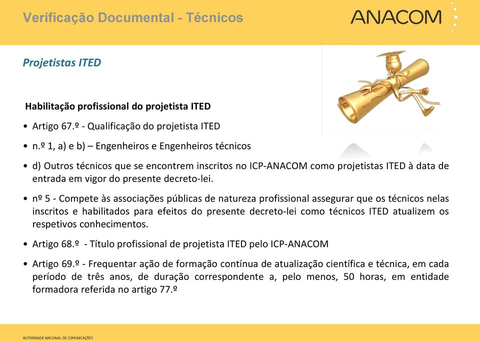 nº 5 - Compete às associações públicas de natureza profissional assegurar que os técnicos nelas inscritos e habilitados para efeitos do presente decreto-lei como técnicos ITED atualizem os respetivos