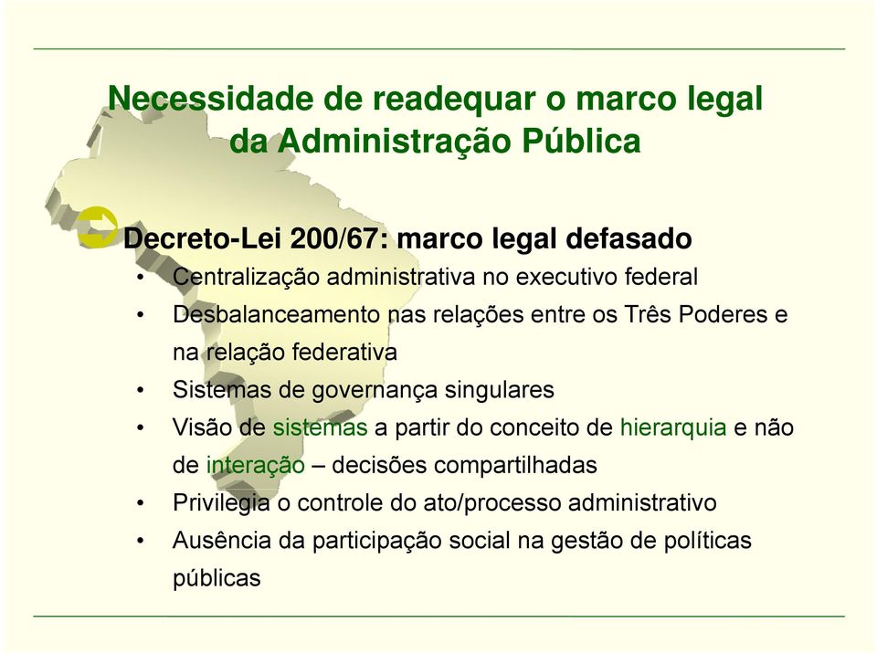 Sistemas de governança singulares Visão de sistemas a partir do conceito de hierarquia e não de interação decisões