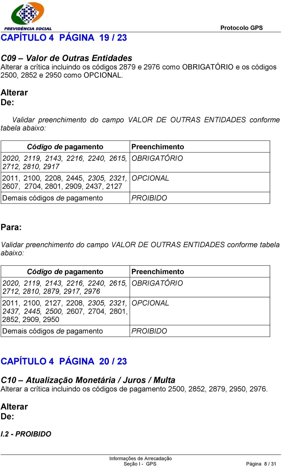 2321, 2607, 2704, 2801, 2909, 2437, 2127 Demais códigos de pagamento Preenchimento OBRIGATÓRIO OPCIONAL PROIBIDO Para: Validar preenchimento do campo VALOR DE OUTRAS ENTIDADES conforme tabela abaixo: