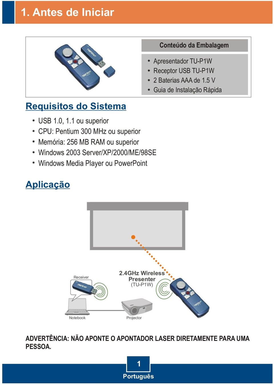 Windows Media Player ou PowerPoint Aplicação Conteúdo da Embalagem Apresentador TU-P1W Receptor USB TU-P1W 2 Baterias