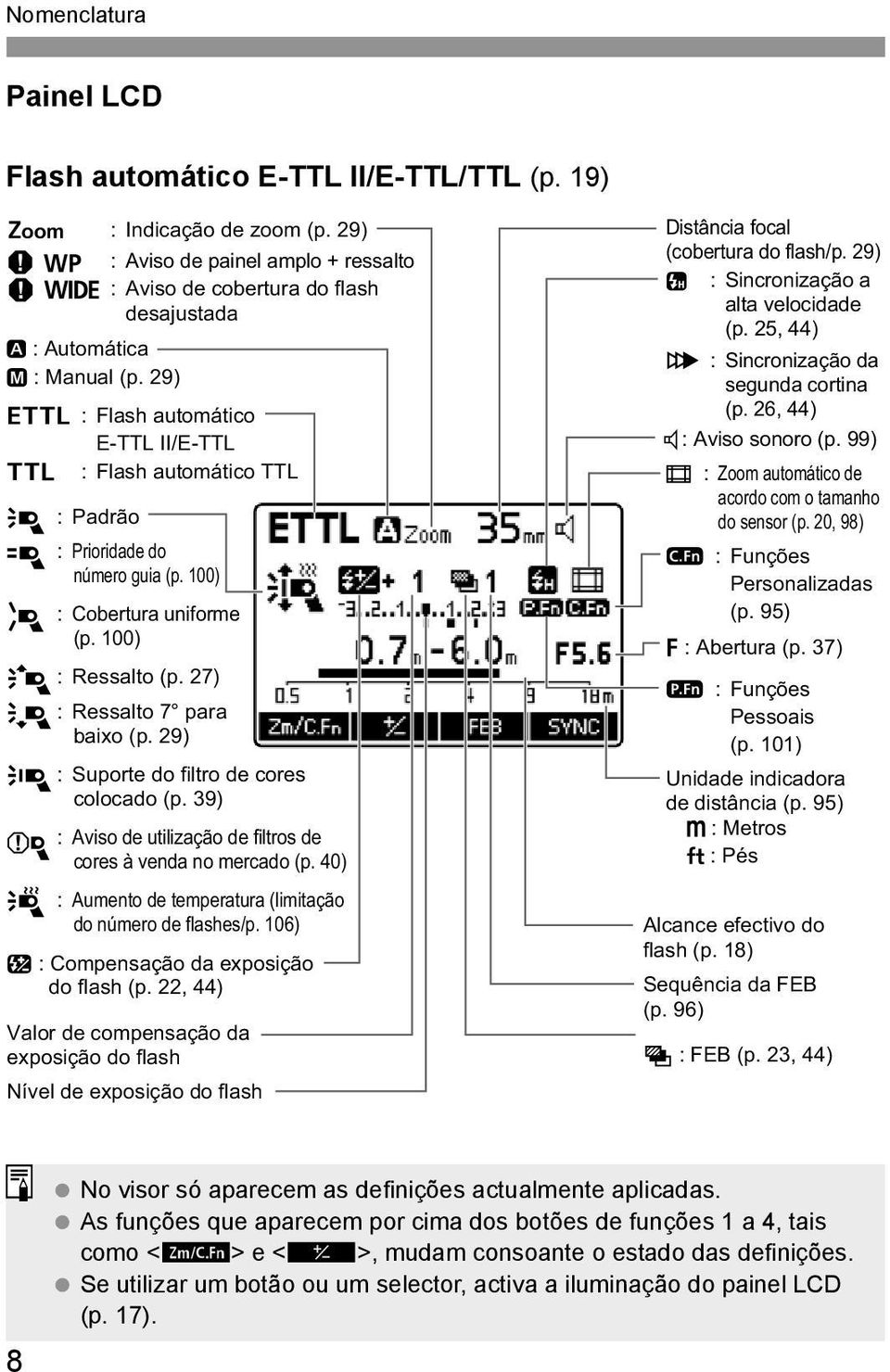 29) a : Flash automático E-TTL II/E-TTL b : Flash automático TTL j : Padrão k : Prioridade do número guia (p. 100) l : Cobertura uniforme (p. 100) m : Ressalto (p. 27) n : Ressalto 7 para baixo (p.