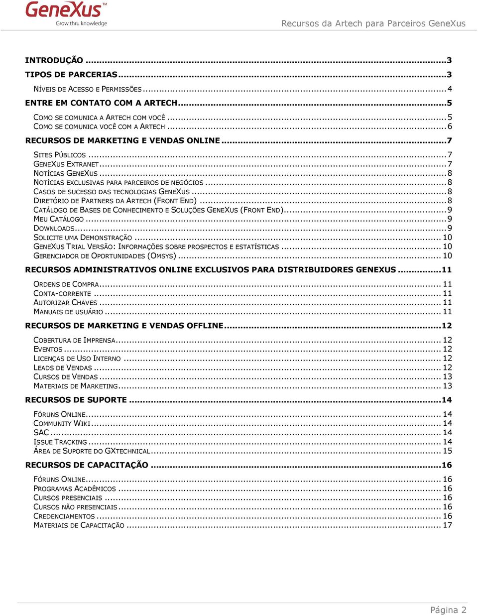 .. 8 CASOS DE SUCESSO DAS TECNOLOGIAS GENEXUS... 8 DIRETÓRIO DE PARTNERS DA ARTECH (FRONT END)... 8 CATÁLOGO DE BASES DE CONHECIMENTO E SOLUÇÕES GENEXUS (FRONT END)... 9 MEU CATÁLOGO... 9 DOWNLOADS.