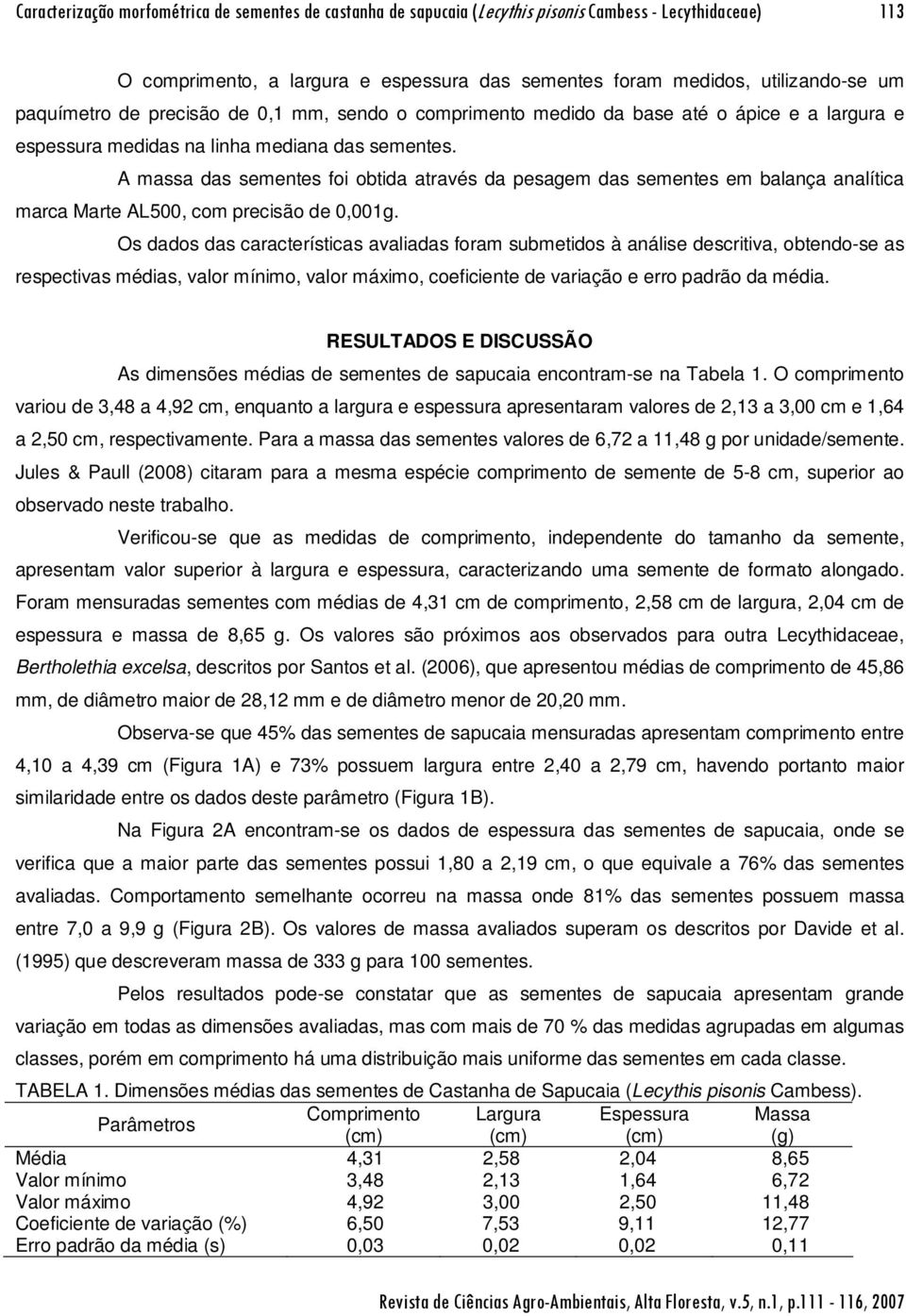 A massa das sementes foi obtida através da pesagem das sementes em balança analítica marca Marte AL500, com precisão de 0,001g.